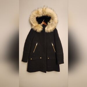 J.Crew Black Hooded Parka Coat Jacket With Faux Fur Hood Size 0
